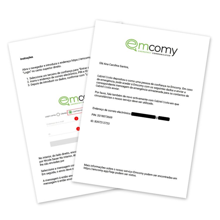 Dados de login para a pessoa de confiança, para que ela possa fazer login no Emcomy sem ver a lista de contatos.